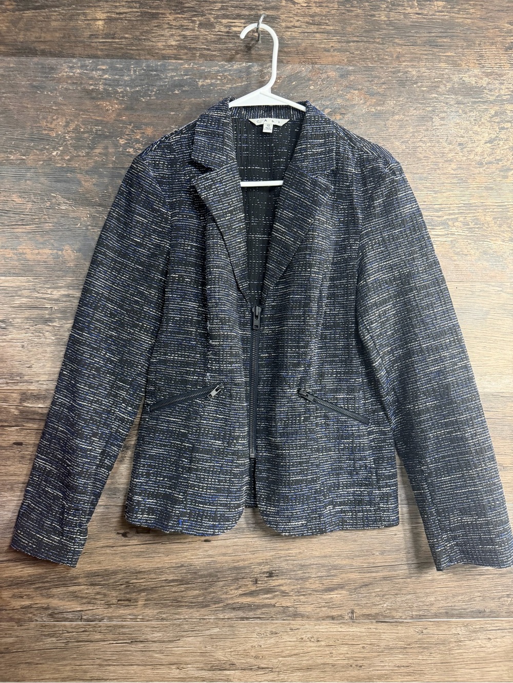 CAbi Navy Tweed Zip-Front Blazer